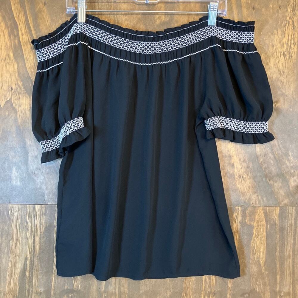 Express Black Off-Shoulder Blouse with White Trim - Picture 8 of 10